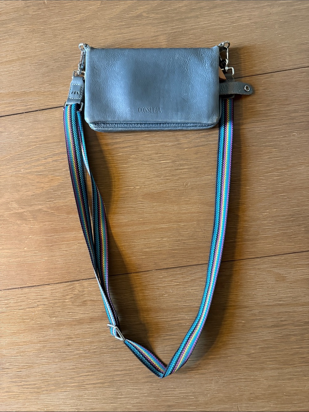 Consuela Gray Leather Crossbody with Multicolor Stripe Webbing Strap